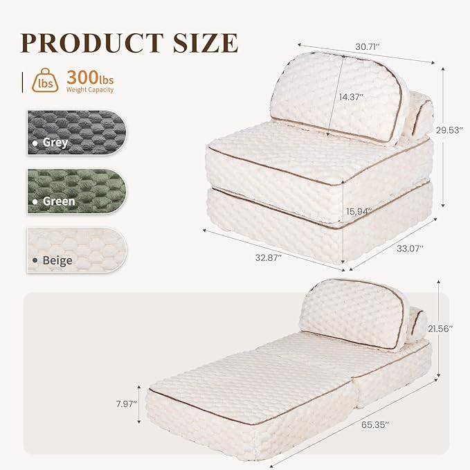 Folding Sofa Bed 3-in-1 Convertible Sleeper Chairs with PillowBack Support Fuzzy Fabric Floor Couch Bed for Adults Boneless Couches Living Room Bedroom ApartmentBeige