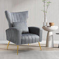 Modern Living Room Chairs Velvet Accent Chair Armchair with Lumbar Pillow High Back Bedroom Chairs Vanity Chair Barrel Chair Arm Chair with Gold Legs Grey