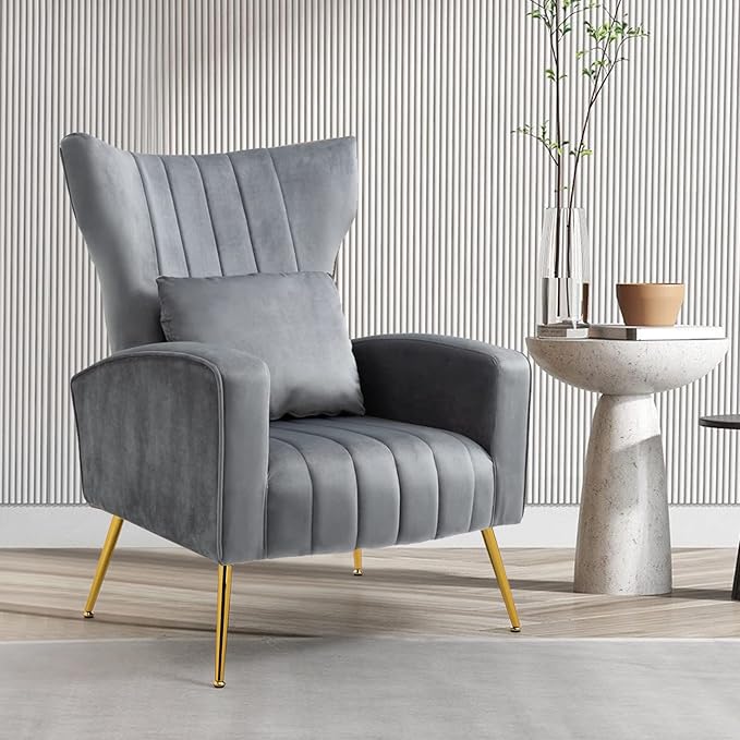 Modern Living Room Chairs Velvet Accent Chair Armchair with Lumbar Pillow High Back Bedroom Chairs Vanity Chair Barrel Chair Arm Chair with Gold Legs Grey