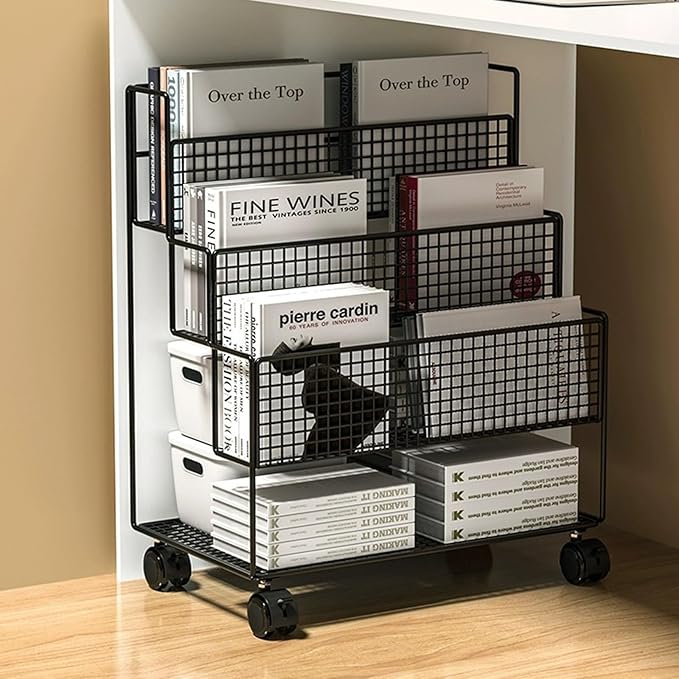 AVSMGP Rolling File cart with Shelves 4-Tier Mobile Bookshelf Metal File Storage Utility Storage cart for Office Home SchoolBlack