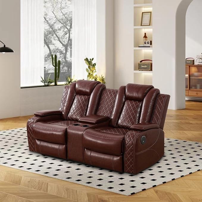Power Recliner Loveseat Air Leather Reclining Couch with LED/Cup Holders/Storage 2-Seater Reclining Sofa Burgundy Leather Couch for House/Apartment/Office