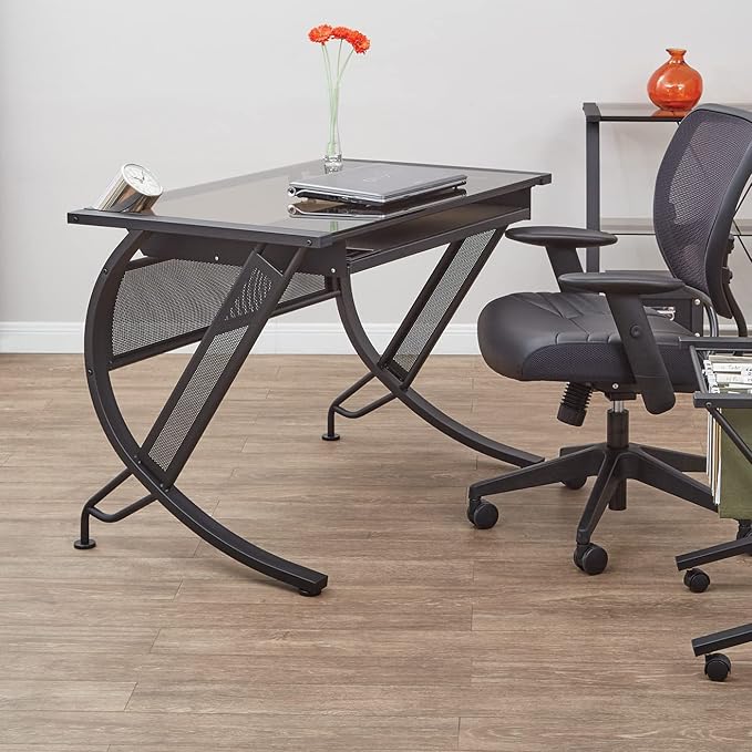 OSP Home Furnishings Horizon Computer Desk with Pull-Out Keyboard Tray Tempered Glass Top and Steel Frame Black