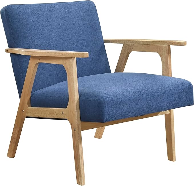 Lexicon Mid Century Modern Accent Chair Upholstered Lounge Armchair Single Sofa Seat Natural Finish Solid Wood Framed Comfy Side Chairs for Living Room/Bedroom/Office/Waiting Area Blue