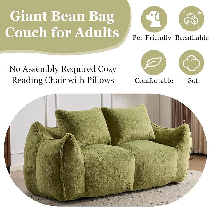 75 Inch Loveseat Bean Bag Couch for Adults Oversized Compressed Boneless Sofa Couch in a Box for Living Room Bedroom Apartment Soft FluffyNo Assembly (Green)