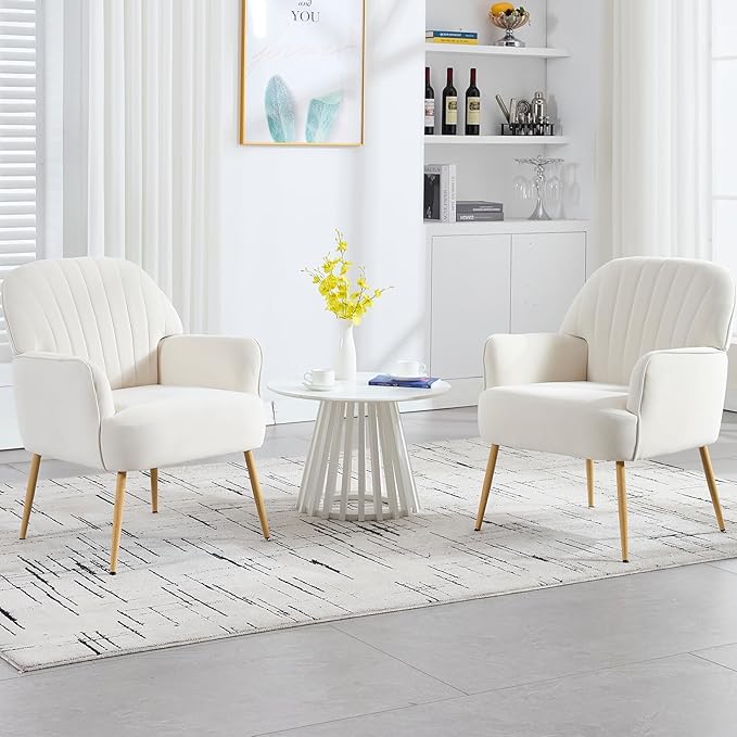 Velvet Accent Chair Modern Upholstered Single Living Room Chairs with Tufted Back Cozy Sofa Side Armchair with Metal Legs for Bedroom/Office/Reading Room Beige