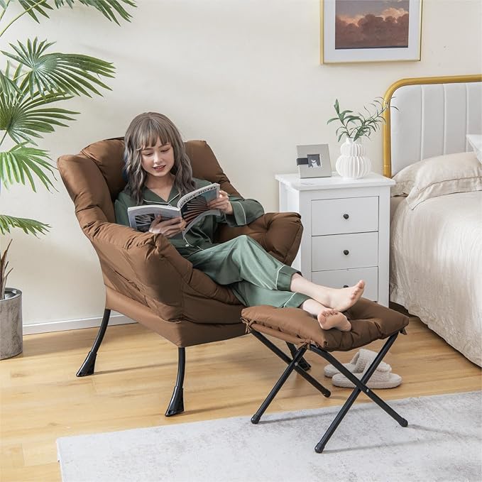 Single Lazy Sofa Chair w/Foldable Ottoman Modern Lounge Chair Indoor w/Armrest &amp Side Storage Pocket Upholstered Comfy Reading Chair for Bedroom Living Room Office