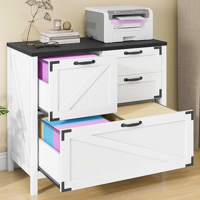 Lateral File Cabinet with 4 Drawers Farmhouse File Cabinet for Letter/Legal/A4 Size Hanging Files Large Wood File Storage Cabinets Printer Stand for Home Office Cabinet White and Black