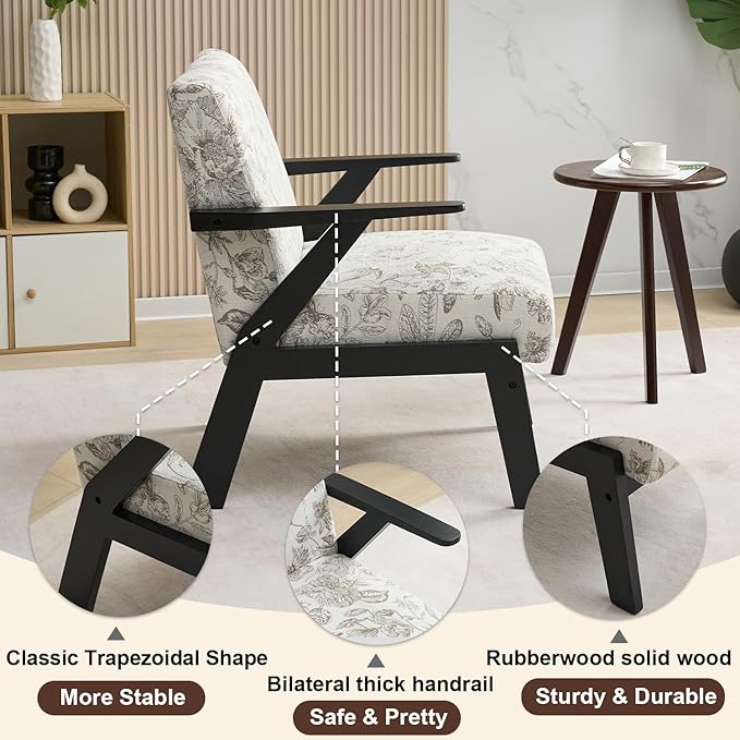 Furniliving Refined Texture Wooden Accent Chair for Living Room Upholstered Embroidery Lounge Chair with Solid Wood Frame Comfortable Reading Armchairs for Bedroom