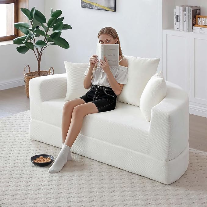67-inch Convertible Futon Sofa Bed Round Folding Comfy Corduroy Upholstered Couch Bed with 3 Pillows Boneless Floor Lazy Loveseat Sofa for Living Room Apartment Small Spaces Pinstripe Beige