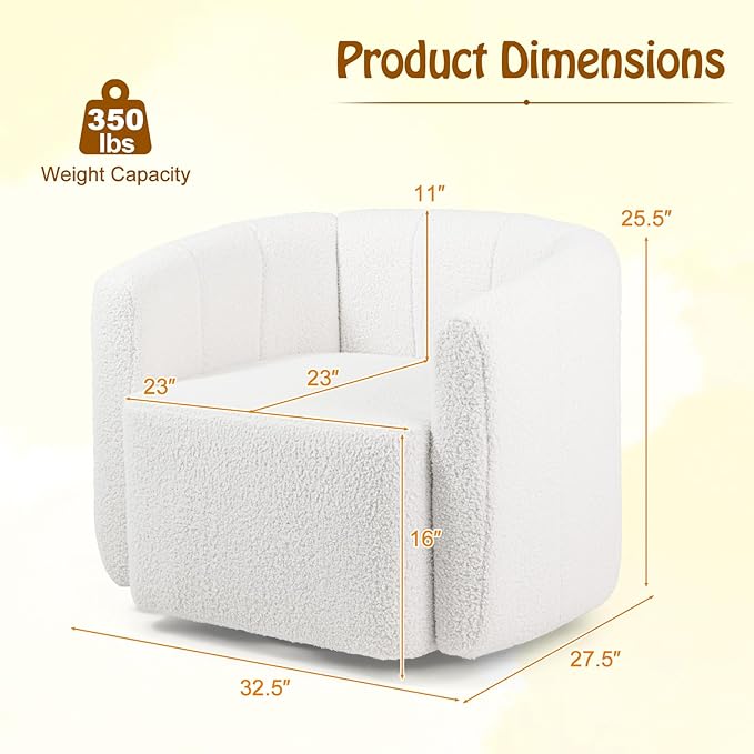 Giantex 360° Swivel Accent Chair - Sherpa Upholstered Boucle Barrel Club Chair with Padded Armrests Modern Round Arm Chair for Reading Living Room Bedroom Office White Teddy