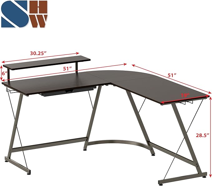 SHW 51 x 51 Inches Vista L-Shaped Desk with Monitor Stand and Drawer Espresso