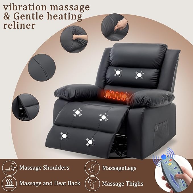 Recliner Chair Wide Rocker Chair Pet-Friendly Design Large Rocking Chair with Massage and Heat360°Swivel Nursery Rocking Chair Oversized Recliner for Adults Black Reclining Sofa for Living Room
