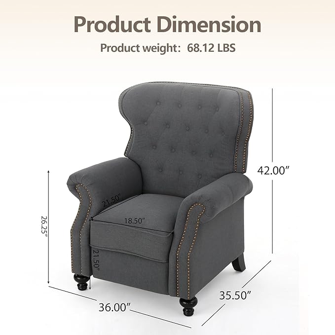 Pushback Recliner Chair Fabric Armchair Push Back Recliner with Rivet Decoration Mid Century Wingback Accent Chair for Living Room Bedroom Stable Hump Feet (Charcoal)