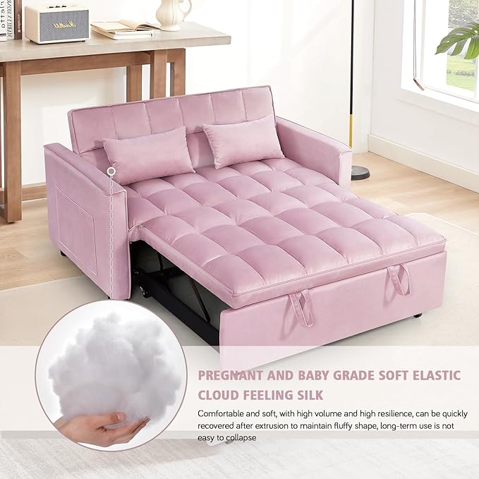 3 in 1 Convertible Sleeper Sofa Futon BedModern Velvet Pull Out Couch Bed with Reclining Backrest&amp2 Pillows54 Full Size Small Love Seat Lounge Couches for Small SpacesLiving Room (Pink)