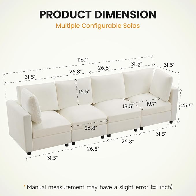 116'' 4-Seater Modular Sectional Cloud Sofa Straight-Line Couches for Living Room Modern Upholstered Deep Seat Sofa Chenille Beige