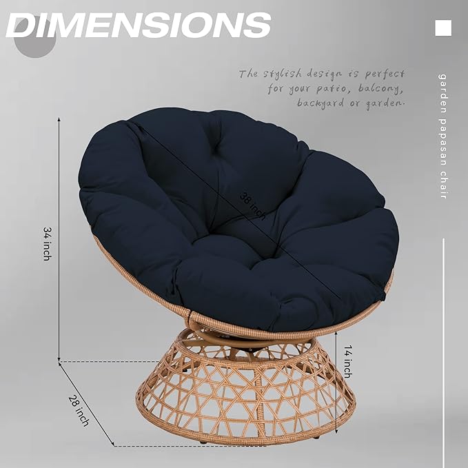 38'' 360 Degree Swivel Wicker Papasan Chair with Cushion and Base - Thickened Rattan Swivel Papasan Chair with Soft Cushion and Durable Frame Oversized Reading Chair for Living Room Dark Blue