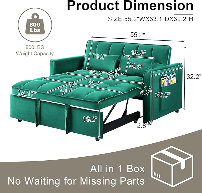 3-in-1 Convertible Sofa Bed 55'' Pull Out Couch Bed with Adjustable Backrest Velvet Fabric Sleeper Loveseat Sofa with Side Pocket Perfect for Living Room Easy Assembly(Green)