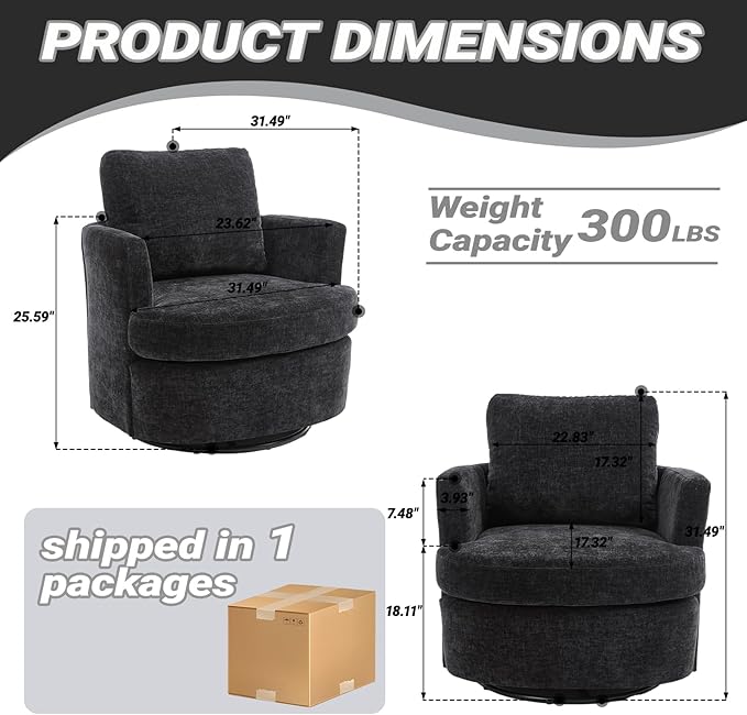 Vanity ChairSwivel Accent Chair 360 Degree Round Swivel Barrel Chair Upholstered Comfy Swivel Chairs for Living RoomAccent Chairs for Bedroom Reading RoomPowder RoomBlack