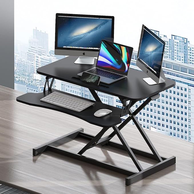 32 Inch Home Office Desk Converter Height Adjustable Sit to Stand Riser Dual Monitor Laptop Workstation with Wide Keyboard Tray (Black)