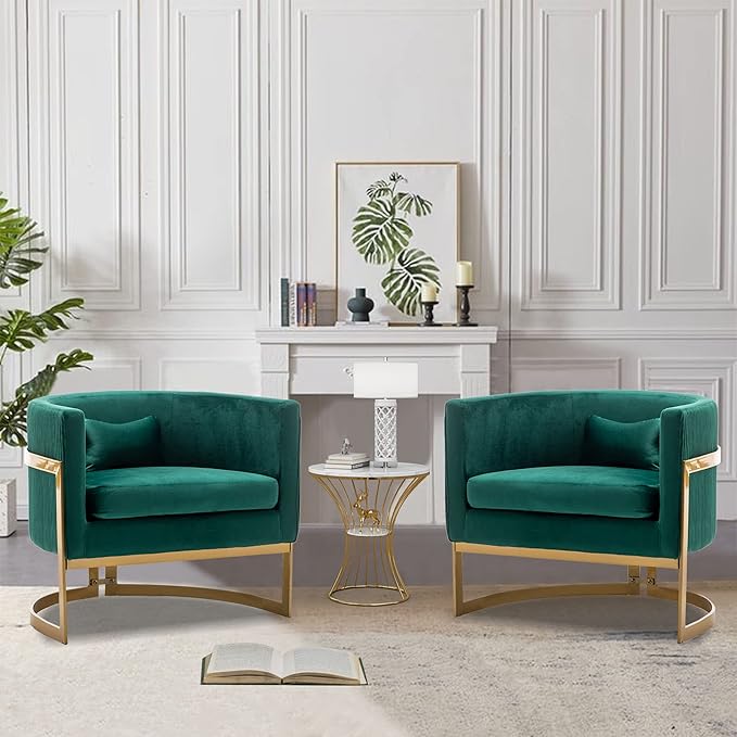 Velvet Accent Chair Green Modern Upholstered Barrel Chair Wide Arm Chairs for Living Room Bedroom Club Side Chairs with Gold Legs
