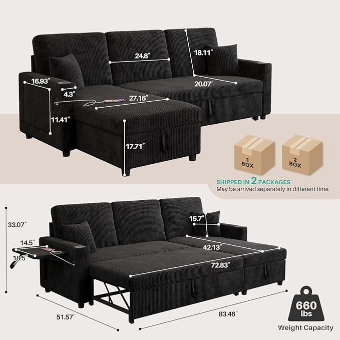 83 Sleeper Sectional Sofa Comfy Convertible Sofa Bed with Pull Out Couches Small Desktop Corduroy L Shaped Couch with Reversible Storage Chaise &amp USB for Living Room Apartment Black