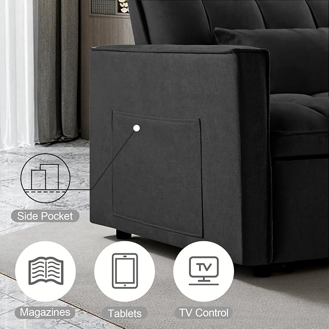 3 in 1 Pull Out Sofa Bed 52.75 Sleeper Sofa Bed with 3-Level Adjustable Backrest Velvet Fabric Loveseat Sleeper Couch for Living Room &amp Bedroom &amp Apartment &amp Dorm Furniture Black