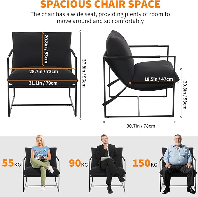 Sling Accent Chair for Living Room Modern Metal Framed Cozy Armchair Upholstered Living Room Chairs with Shredded Foam Cushioning Lounge Chair for Bedroom Living Room Reading Room Black