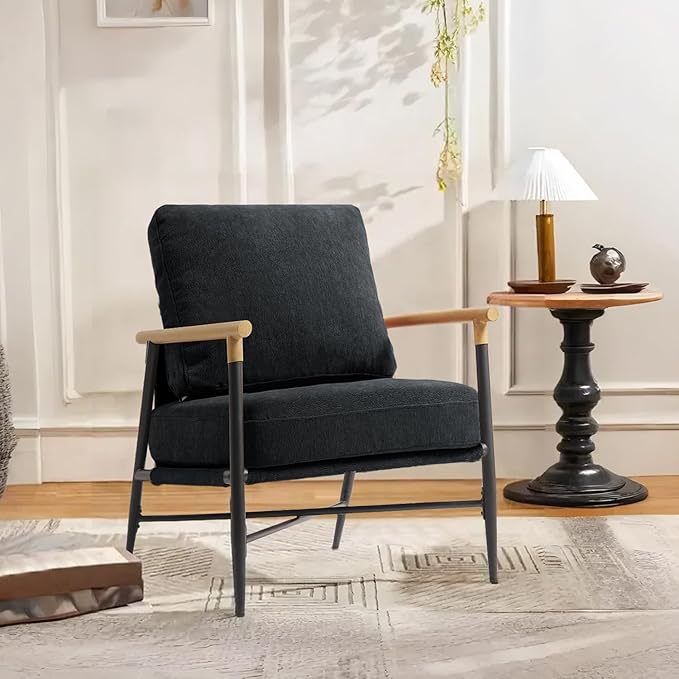 UIXE Chenille Armchair Modern Accent Chair for Living Room Cross Metal Frame Reading Arm Chair with Thicken Cushion Black