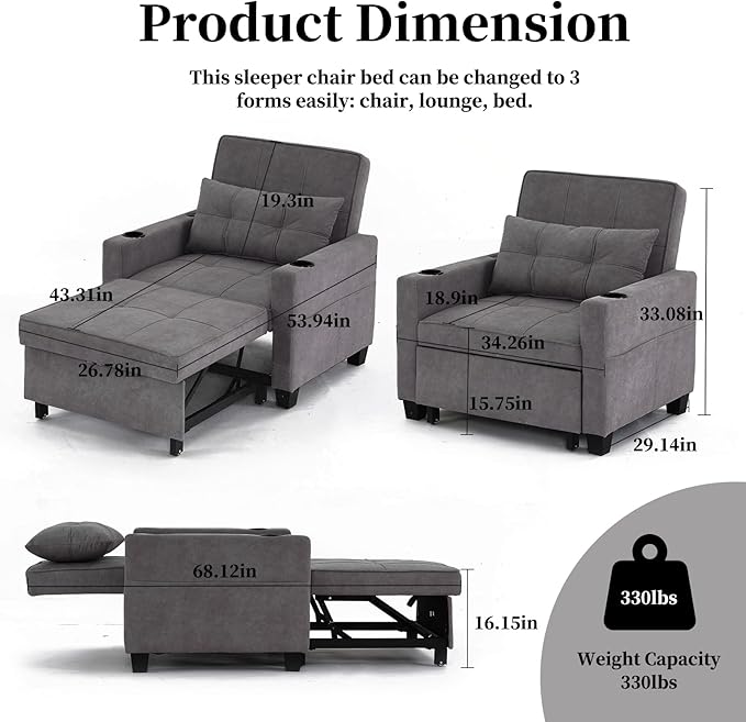 Sleeper Chair Bed Convertible Chair Bed Pull Out Chair Beds with USB Charging &amp Cupholders Adjustable Backrest Leather Futon Chair Bed for Living Room Bedroom (Dark Grey(Cloth))