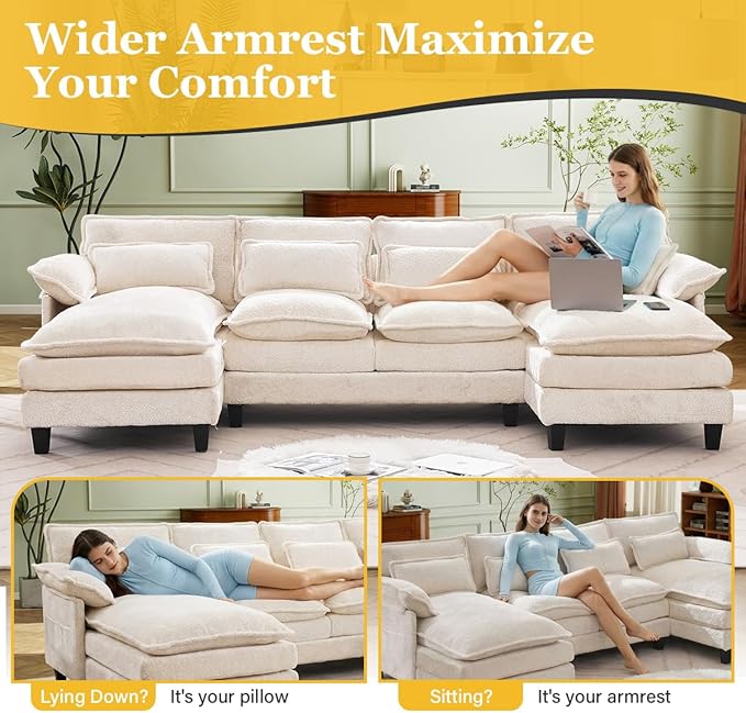 110 U Shaped CouchModular Sectional Sofa with 4 Waist PillowsSleeper Deep Seat Couch with Double Chaise Lounge &amp Memory Foam for Living Room