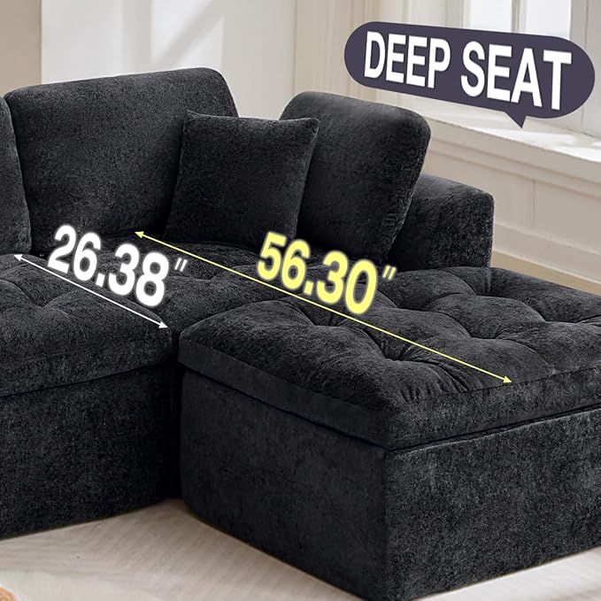 110 Cloud Sectional Couch for Living Room Upholstered L-Shape Modular Sofa with Movable Ottoman 3-Seater Deep-Seat Foam Couch Comfortable Convertible Sectional for Home &amp Apartment（Black）
