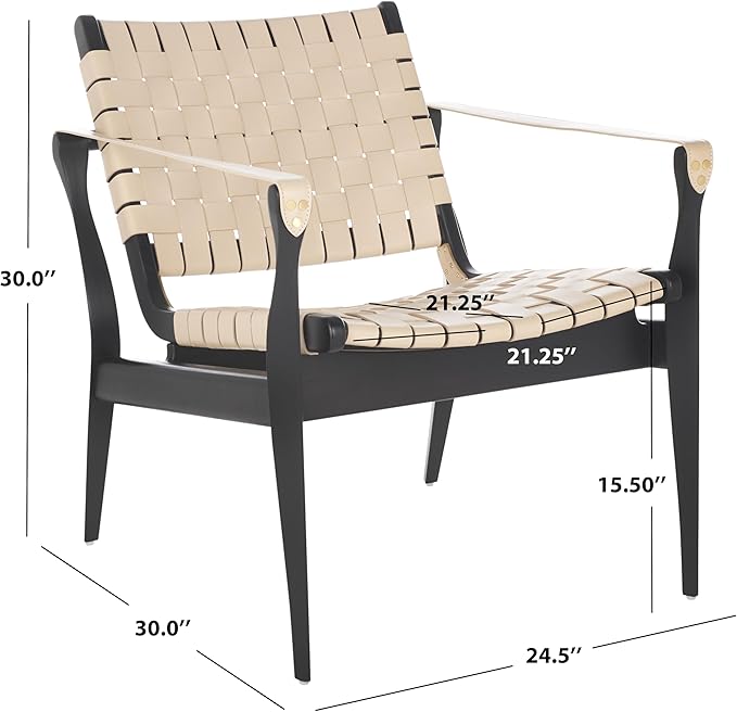 SAFAVIEH Couture Collection Dilan Black Solid Wood/White Genuine Leather Safari Chair (Fully Assembled)