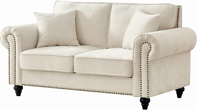 Loveseat Velvet Fabric Two- Seater Couch Buckle Design and Rivet Decoration Deep Seated Double Sofa Suitable for Living Room Bedroom Apartment Hotel etc (beige-07)