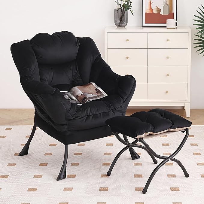 Lazy Chair with Ottoman Modern Accent Chair with Armrests and a Side Pocket Velvet Black Accent Chairs Reading Chairs Oversized Armchairs for Bedroom Study Living Room Courtyard