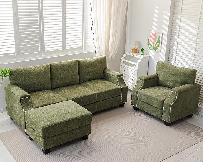 85 Sectional Couches with Storage OttomanL Shaped Couch with Armrest Organizer3-Seater SofaSmall Sofas for Living RoomApartmentSofa Set with Oversized ChairChenilleGreen