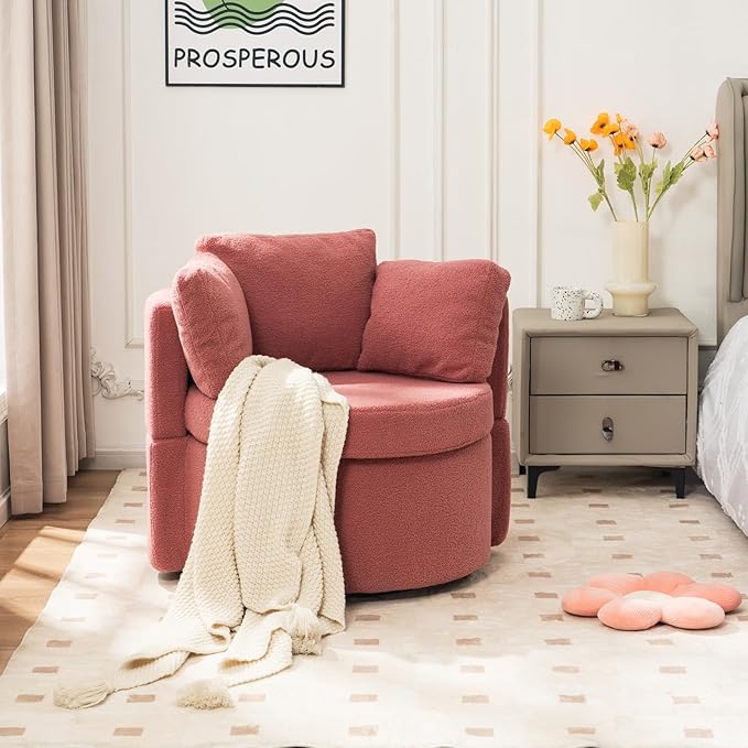 FOXHUNTER Swivel Barrel Chair 360 Degree Swivel Round Storage Chair with 3 Pillows Oversize Teddy Swivel Accent Chair Comfy Single Sofa Chair for Nursery Living Room Bedroom (Pink)