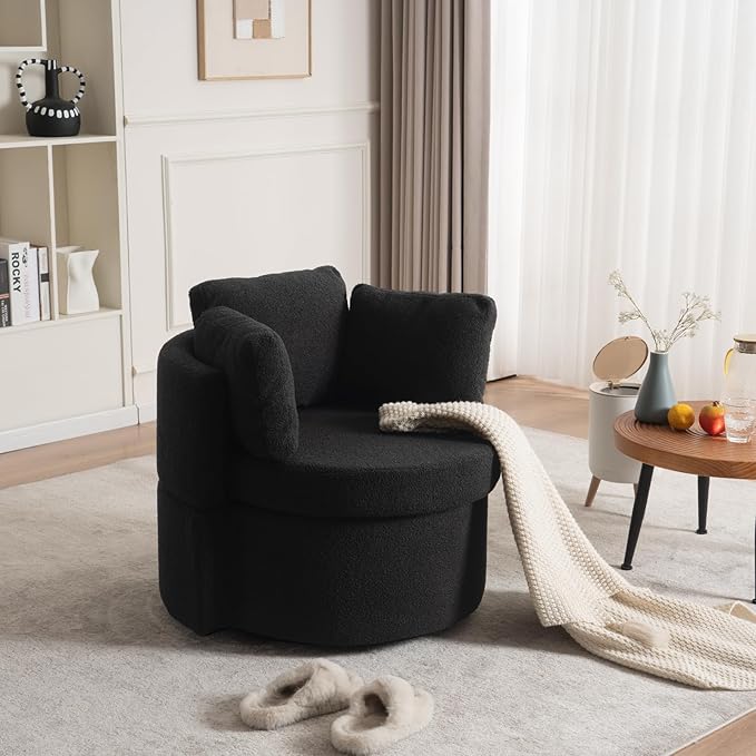 FOXHUNTER Swivel Barrel Chair 360 Degree Swivel Round Storage Chair with 3 Pillows Oversize Teddy Swivel Accent Chair Comfy Single Sofa Chair for Nursery Living Room Bedroom (Black)