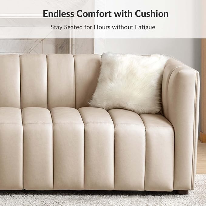 HULALA HOME 83 Genuine Leather Sofa with Channel Tufted Design 3-Seater Sofa for Living Room Bedroom Modern Oversized Couch with Wood Legs Beige