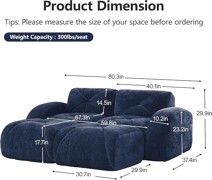 Boneless Couch Modular Sectional Sofa 80.3 U Shaped Sectional Couches for Living Room Upholstered Cloud Couch Retro Velvet Floor Sofa with Ottoman Deep Seat Loveseat for BedroomBlue