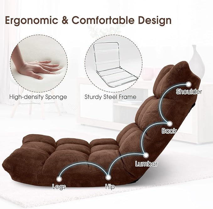Giantex Folding Sofa Chair with 14 Adjustable Positions Padded Sleeper Bed Couch Recliner Gaming Floor Chair for Adults (Brown)