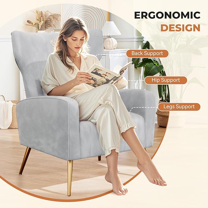 Nalupatio Modern Accent Chairs for Set of 4 Upholstered Velvet Fabric Reading Chair Mid Century Arm Chair Comfy Armchair for Living RoomLight Gray