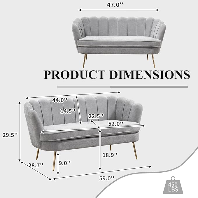 59 Wide Loveseat Sofa Chenille Upholstered Small Couch with Petal-Shaped Design Modern Leisure Sofa with Gold Metal Legs Mini Room Couch for Bedroom Apartment (Light Gray-Chenille)