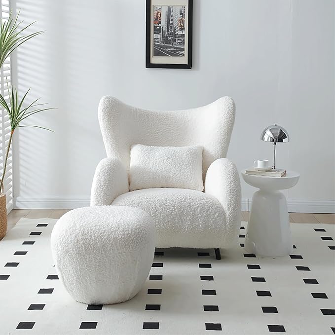 Modern Design Cream Boucle Accent Chair with Ottomans Furry Sherpa Elegant Single Sofa Oversized Chair Living Room Chairs Comfy Upholstered Armchair for Bedroom Office Apartment Balcony Beige