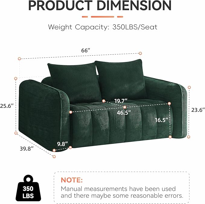 66'' Boneless Corduroy Loveseat Sofa 2 Seater Tufted Deep Seat Couch with Rounded Armrest Upholstered Cloud Couch for Living Room Bedroom No Assembly Green