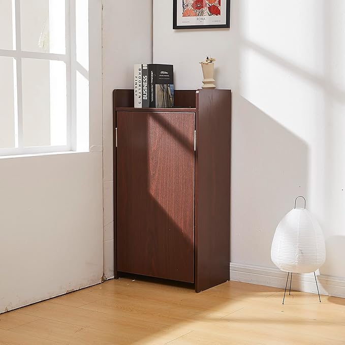 Fold Out Desk with Storage and Built-in Outlet Mid Century Foldable Desk for Small Spaces Hidden Folding Table for Home Office or Bedroom (Brown)
