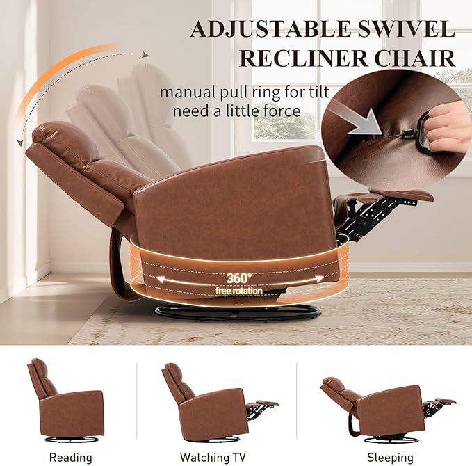 COLAMY Leather Recliner Chair for Adults Swivel Rocker Recliner for Small Spaces Wide Glider Rocking Nursery Chair with Ergonomic High Backrest for Home Living Room Office Bedroom（Cocoa）