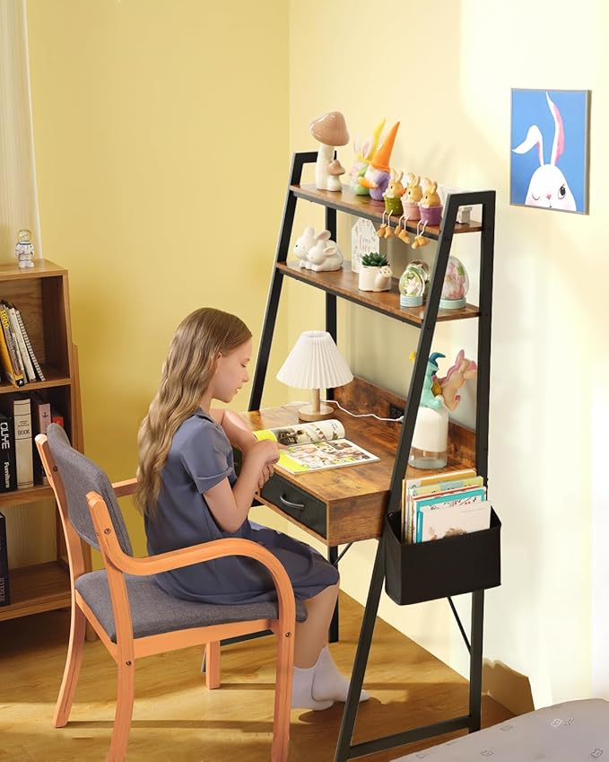 Kathy&ampBob Small Home Office Study Desk - Freestanding Ladder Design with Fabric Drawers &amp Side Bag - Modern Vanity Makeup Desk - 2 Tier Shelf &amp Computer Gaming Station