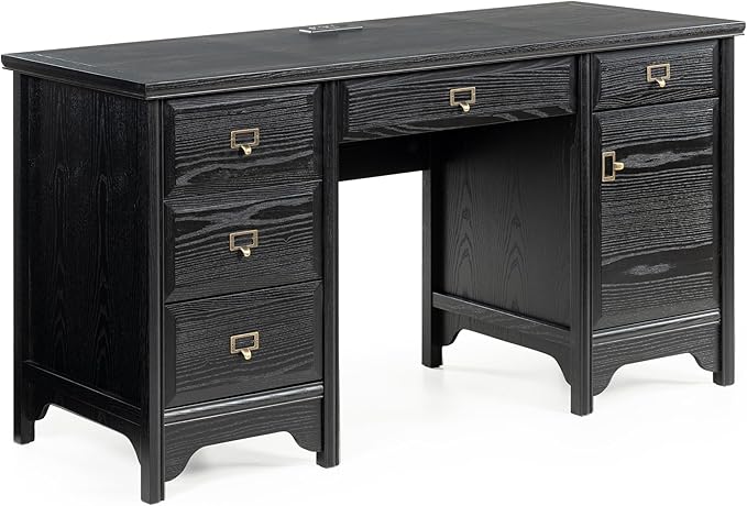 55 Farmhouse Executive Desk Solid Wood Painted Home Office Desk with Charging Station 5 Drawers Storage Cabinet Computer Writing Table for Work Study Writing Black