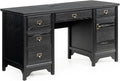 55 Farmhouse Executive Desk Solid Wood Painted Home Office Desk with Charging Station 5 Drawers Storage Cabinet Computer Writing Table for Work Study Writing Black