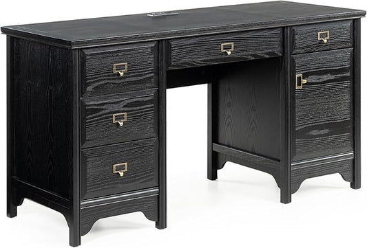 55 Farmhouse Executive Desk Solid Wood Painted Home Office Desk with Charging Station 5 Drawers Storage Cabinet Computer Writing Table for Work Study Writing Black